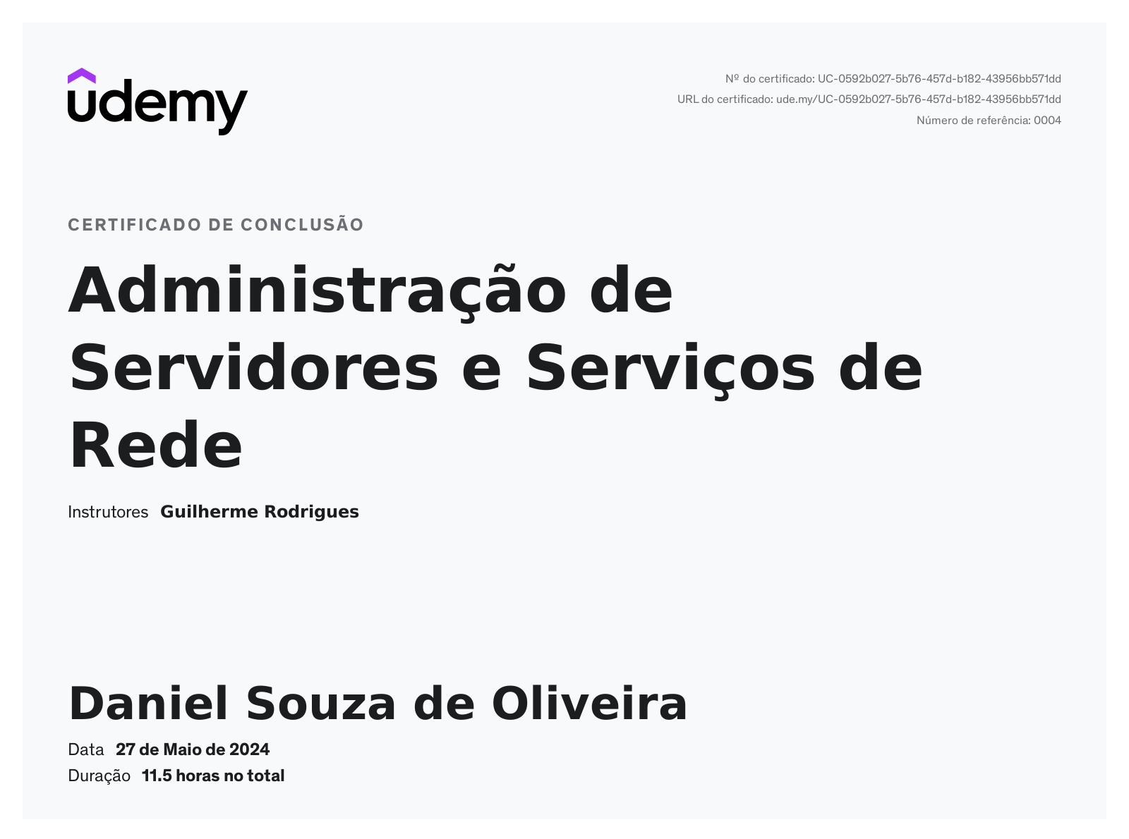 Certificado Udemy — Administração de Servidores e Serviços de Rede